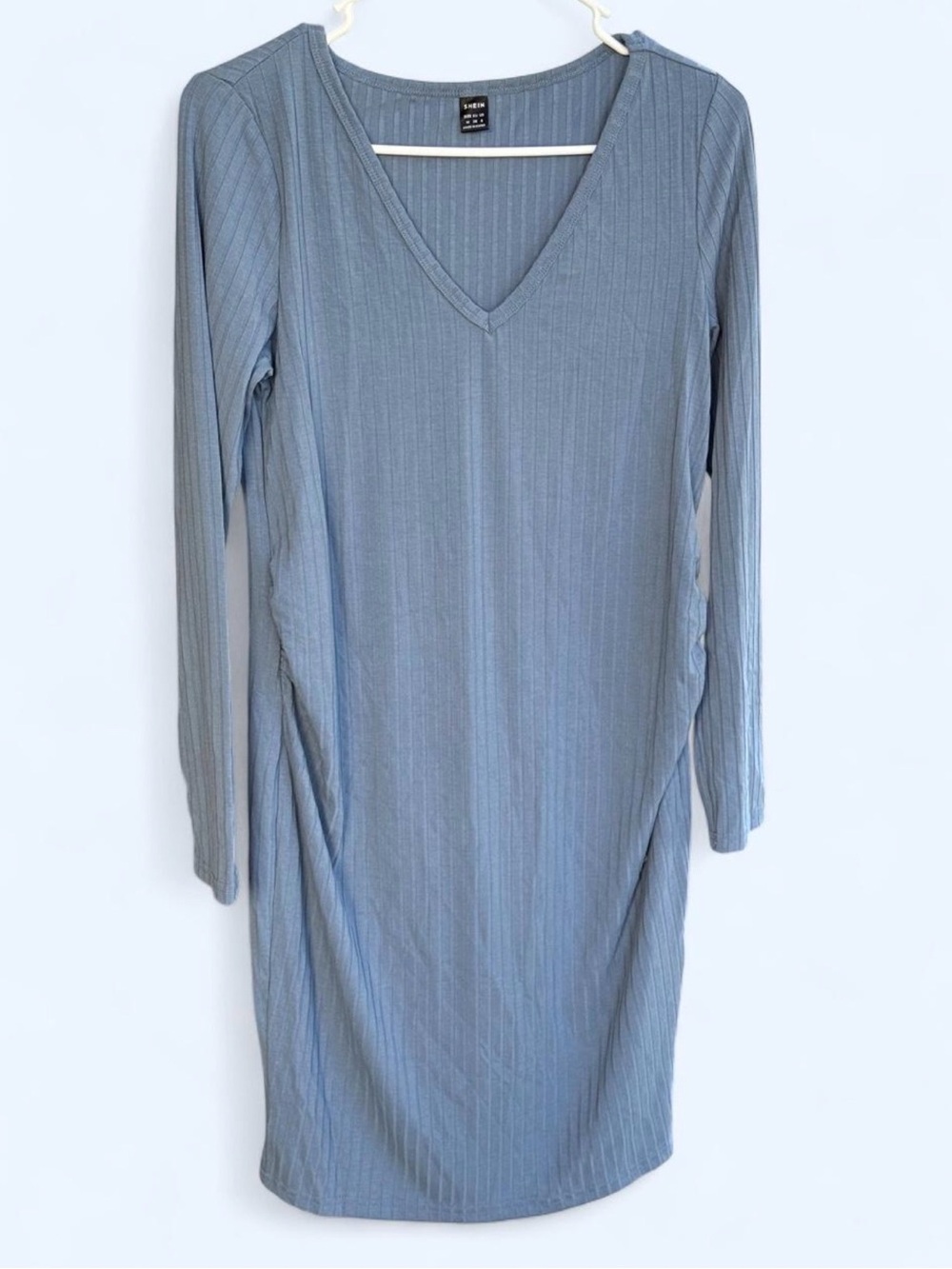 SHEIN Dusty Blue Ribbed V-Neck Long Sleeve Dress